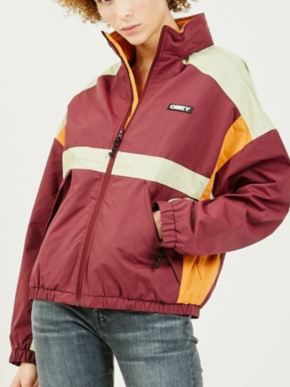 Obey Parquet Maroon and Mustard Colorblock Hooded Jacket medium oversized